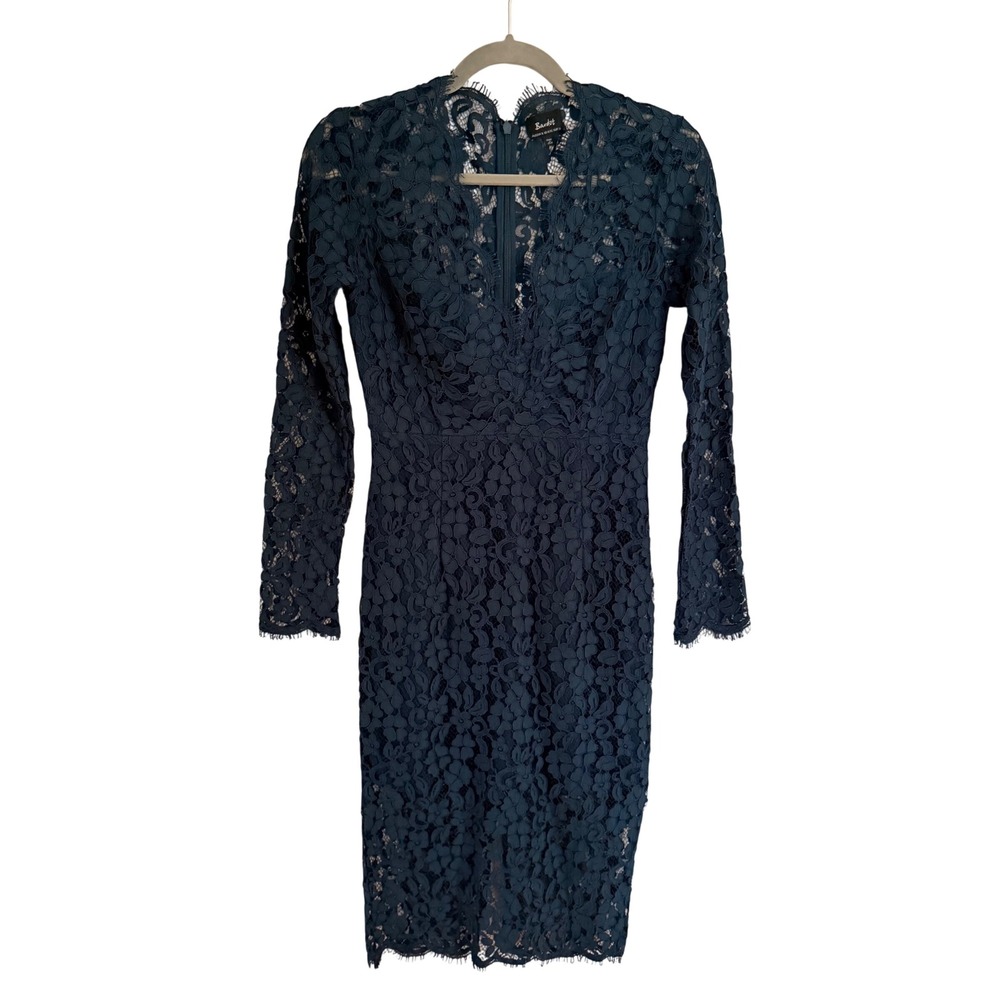 Bardot Navy Blue Lace Long Sleeve V-Neck Sheath Cocktail Dress US 4 Formal